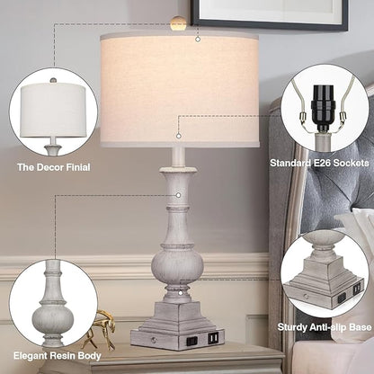 26" Farmhouse Table Lamps Set of 2, Rustic Touch Control Bedside Lamps with 2 USB Ports & AC Outlet, Vintage Resin 3-Way Dimmable Nightstand Lamp Linen Fabric Shade for Living Room Bedroom Decor Gray