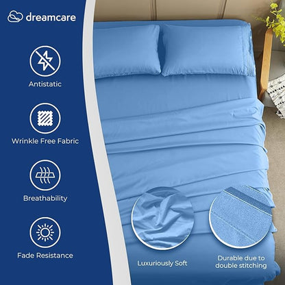 DREAMCARE King Size Sheets Set – 4 pcs Cooling Sheets – up to 21” Deep Pocket King Sheet Set – Hotel Luxury Sheets & Pillowcases – Superior Softness 100% Fine Microfiber with Side Pocket – Light Blue