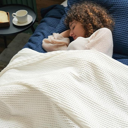 PHF Pre-Washed Cotton Waffle Weave Blanket Throw Size for Couch Bed,Snag Proof Spring Summer Lightweight Breathable,Oeko-TEX Certified,Machine Washable, Home Decor Gift，Cream