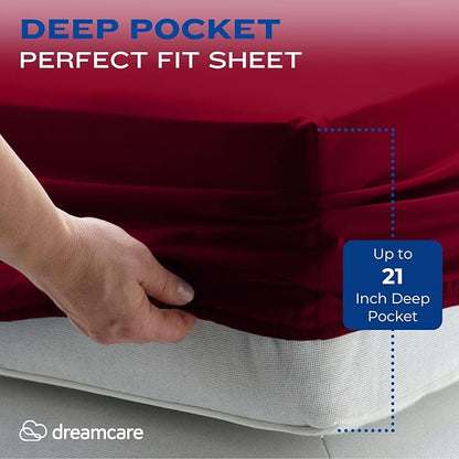 DREAMCARE Full Size Sheets – 4 pcs Cooling Sheets – up to 21” Deep Full Sheet Set – Hotel Luxury Sheets & Pillowcases – Superior Softness 100% Fine Microfiber with Side Pocket – Burgundy