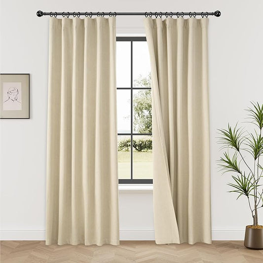 KangBang Linen Blackout Curtains 84 Inches Long, Back Tab Rod Pocket Boho Beige Curtains Room Darkening Soundproof Elegant Thick Linen Drapes for Living Room Baby Nursery(2 Panels, 52Wx84L)