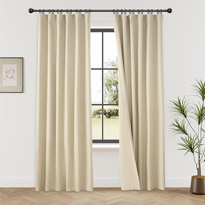 KangBang Linen Blackout Curtains 90 Inches Long, 2Pcs Black Out Beige Curtains, Farmhouse Back Tab Loop Pocket Thermal Insulated Energy Saving Drapes for Bedroom Baby Nursery, Natural Cream, 52Wx90L