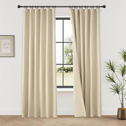 KangBang Linen Blackout Curtains 90 Inches Long, 2Pcs Black Out Beige Curtains, Farmhouse Back Tab Loop Pocket Thermal Insulated Energy Saving Drapes for Bedroom Baby Nursery, Natural Cream, 52Wx90L