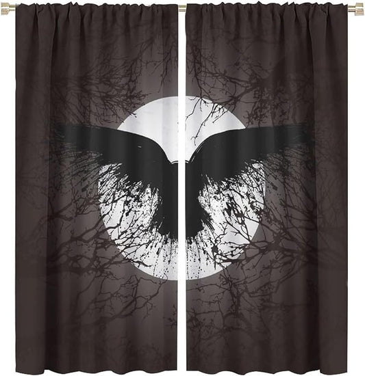 Cool Raven Print Curtains for Bedroom - Vintage Nordic Viking Theme Dead Tree Crow Full Moon Window Treatment,Energy Saving Thermal Insulated Rod Pocket Bedroom Blackout Curtains 2 Panels 72L x 31.5W