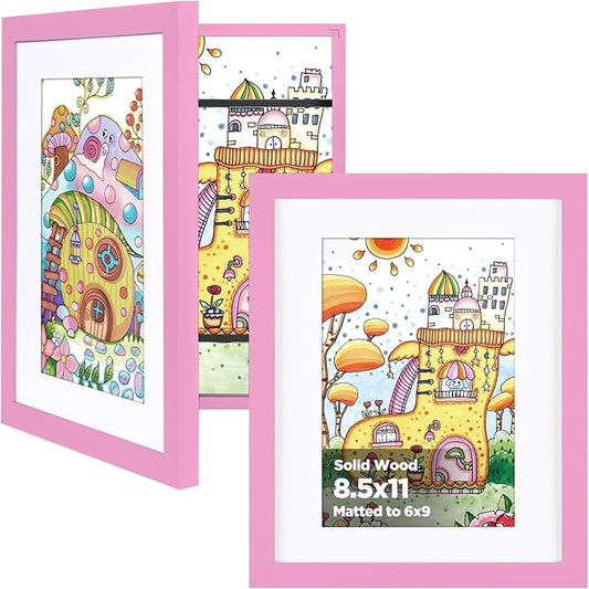 KINLINK 8.5x11 Kids Art Frames Set of 2, Solid Wood Kids Artwork Frames Changeable with Acrylic Front Opening Holds 150 Pictures, Art Frame for Kids Artwork with Mat or without Mat, Pink