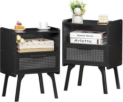 Lerliuo Rattan Nightstands Set of 2, Boho Side Table with Drawer Open Shelf, Cane Accent Bedside End Table with Solid Wood Legs for Bedroom, Dorm and Small Spaces (Black)