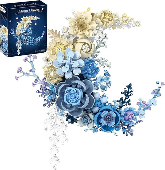 Blue Moon Flower Building Blocks for Adults - Creative Crescent Moon Rose Model Kit, Home Office Desk Decor, Artificial Plant, Unique Birthday Gift Idea (Frame Not Included)