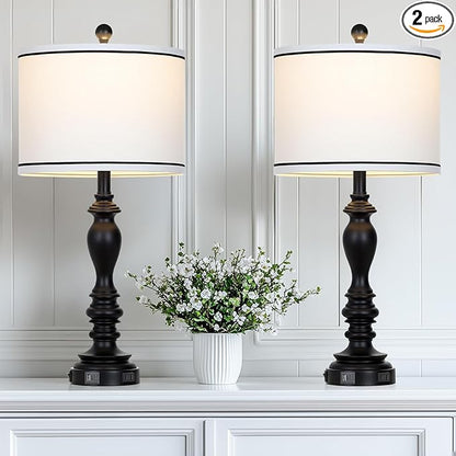 28" Set of 2 Farmhouse Table Lamps for Living room, Bedside Lamp with USB C+A Ports & AC Outlets, Black Vintage End Table Lamps for Bedrooms, Nightstand Lamps Fabric Shades Rustic 2 LED Bulbs Included