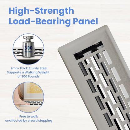 2x12 Inches 2 Pack Heavy Duty Walkable Floor Register - Easy Adjust Air Supply Lever Decorative Floor Vent Covers - Boston Design Vent Covers for Home - Satin Nickel