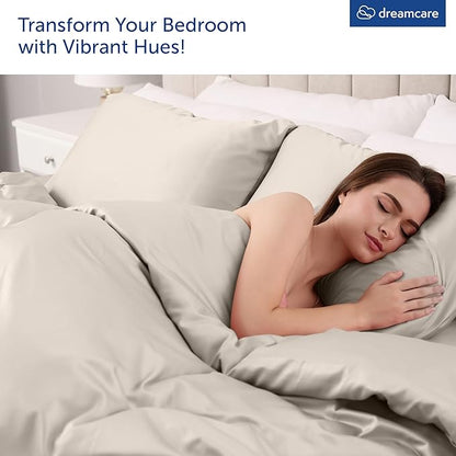 DREAMCARE Queen Size Sheets - Cooling Bed Sheets - 4pcs Set - up to 15" Deep Pocket Queen Sheet Set - Sheets Queen Size Bed - Soft & Long Lasting 100% Fine Microfiber with Side Pocket - Beige