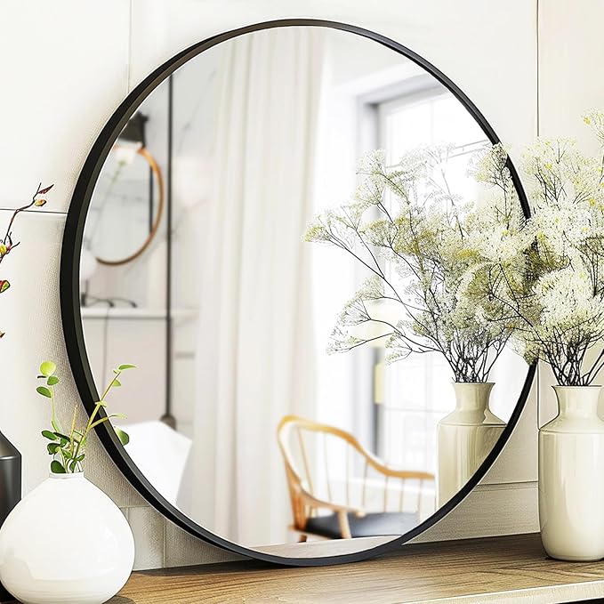18 inch Round Mirror, Round Wall Mirror, Metal Frame Black Circle Mirror, Black Round Mirrors for Wall, Bathroom, Bedroom, Vanity, Hallway.