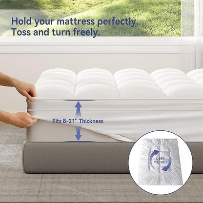 ELEMUSE King Mattress Topper for Back Pain, Extra Thick Mattress Pad Cover, Plush Soft Pillowtop with Elastic Deep Pocket, Overfilled Down Alternative Filling