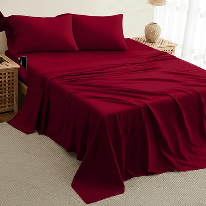 DREAMCARE King Size Sheets Set – 4 pcs Cooling Sheets – up to 21” Deep Pocket King Sheet Set – Hotel Luxury Sheets & Pillowcases – Superior Softness 100% Fine Microfiber with Side Pocket – Burgundy