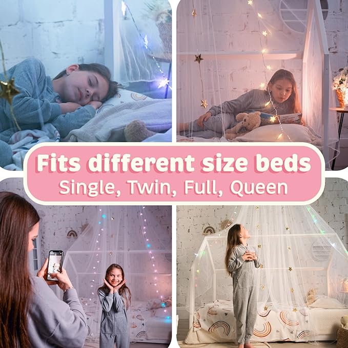 Bollepo Bed Canopy with Lights - Pink Princess Canopy for Girls Room | Single, Twin, Full, Queen | Kids Bed, Hanging Fairy Led Canopy