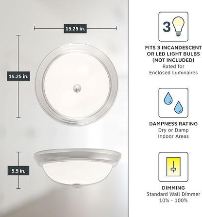 DESIGNERS FOUNTAIN Reedley 3-Lights Flush Mount Ceiling Light, 15 Inch Lighting Fixture for Kitchen, Bedroom, Bathroom, and Hallway, Pewter with Etched Glass, 1257L-PW-W