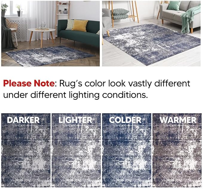Keen Home Design Area Rugs - 8ft Round Non-Shedding, Abstract Rugs for Kitchen, Living Room, Bedroom, Dining Room, Entryway - Size: 7'10" Round, Navy/Grey/White