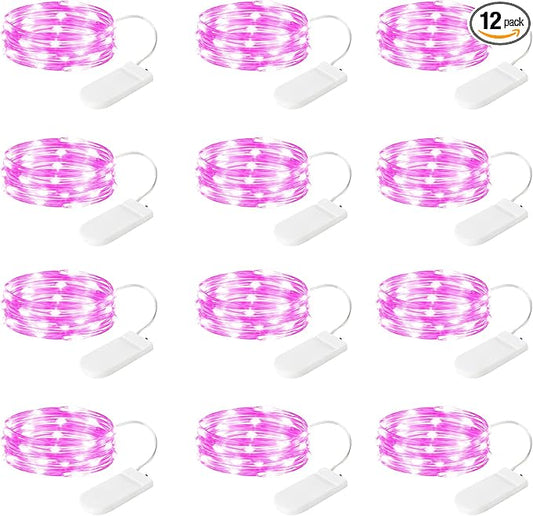 12-Pack LED Fairy Lights 7 Feet Battery Powered Waterproof Silver Wire 20 Slim Copper Wire Pastel Lights for DIY Wedding Party Bedroom Patio Easter Christmas (Pink)