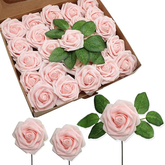 JOYLEX Artificial Flowers Realistic Roses, 100pcs Real Looking Fake Roses with Stem for DIY Wedding Bouquets Centerpieces Bridal Shower Party Home Romantic Decorations (Light Pink)