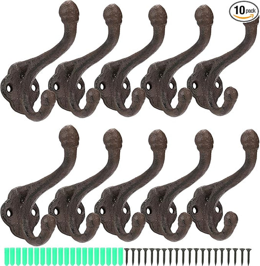 Peohud 10 Pack Cast Iron Coat Hooks, Rustic Wall Hooks, Wall Mounted Farmhouse Coat Hangers, Heavy Duty Double Hooks for Hanging Coats, Bags, Caps, Hats, Towels, Keys