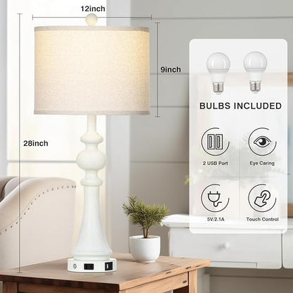 28" Farmhouse Lamps Set of 2 with USB A+C Fast Ports & AC Outlets, Vintage Rustic 3-Way Dimmable Touch Control Table Lamps, Rustic Traditional Bedside Nightstand Lamp for Living Room Bedroom White