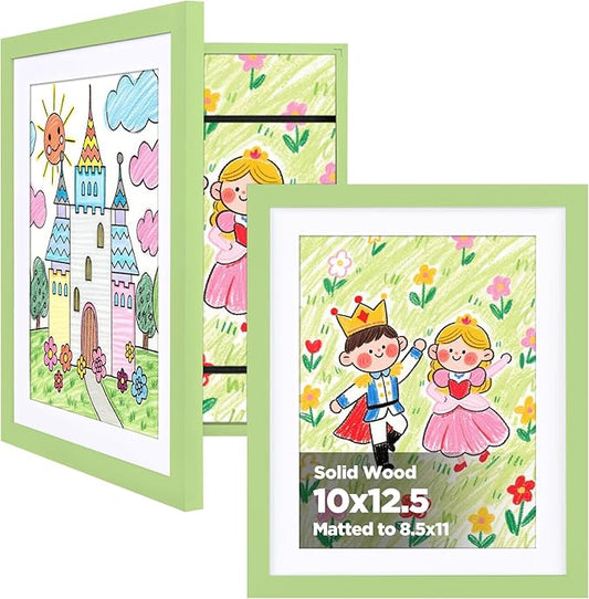 KINLINK 10x12.5 Kids Art Frames Set of 2, Solid Wood Kids Artwork Frames Changeable with Acrylic Front Opening Holds 150 Pictures, Art Frame for Kids Artwork with Mat or without Mat, Light Green