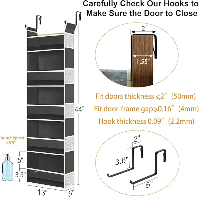 2 Pack Over The Door Hanging Organizer 5-Shelves and 10 Side Pockets, Over The Door Storage for Bathroom and Bedroom, Back of Door Organizers for Kid's Toys (13"x5"x44", Black)