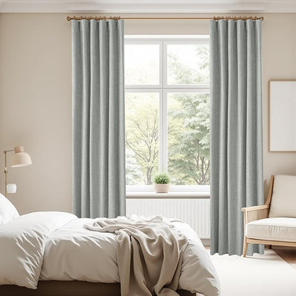 KangBang Fog Grey Linen Blackout Curtains 84 inches Long, Thermal Linen Textured Curtains for Bedroom Offices, Back Tab/Rod Pocket Modern Drapes, Blocks 100% Light & Street Noise(2 PCs, 52Wx84L)