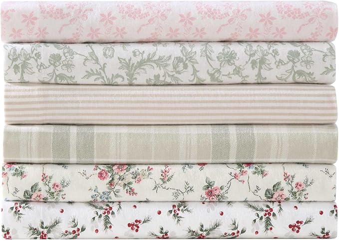 Laura Ashley - Flannel Sheets Queen Size, Anti-Pilling & Wrinkle Resistant Cotton, Touchably Soft for All-Season Comfort - Bed Sheets with Matching Pillowcases & Fitted Sheet (Le Fleur Pink)