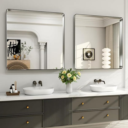LOAAO 36X36 Inch Brushed Nickel Bathroom Mirror, Rounded Rectangle Silver Metal Frame Mirror, Brushed Nickel, Anti-Rust, Shatter Proof, Hangs Horizontally or Vertically