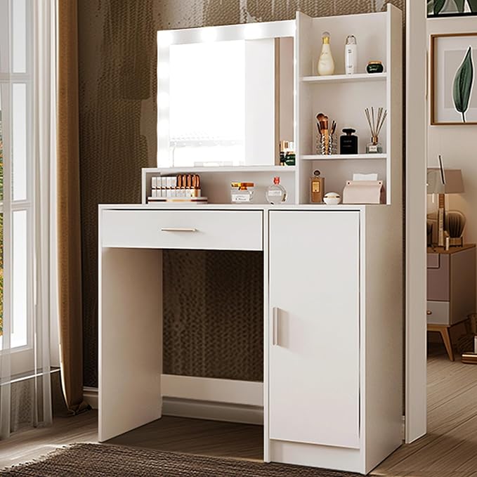 Vanity Desk with Mirror and Light, Large Drawer and Three Level Storage Dresser, 3 Lighting Modes Adjustable Brightness, Bedroom Dressing Table (White)