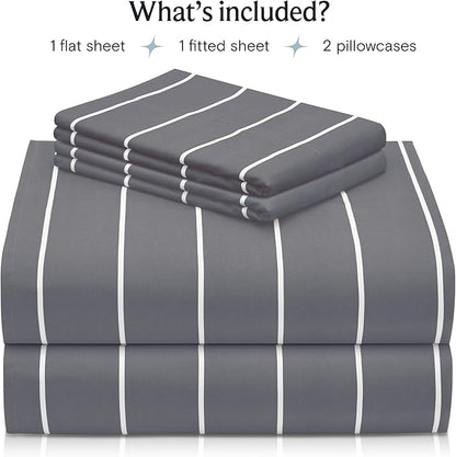 LuxClub 4 PC Cal King Size Sheet Set Bed Sheets, Breathable Luxury Deep Pockets Wrinkle Free Cooling Sheets Machine Washable Hotel Bedding (Cal King, Striped Light Grey)