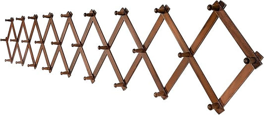 SKOLOO Accordion Wall Hanger with 28 Hooks, Modern Expandable Coat Rack Hat Rack for Wall, Solid Wooden, Walnut Color
