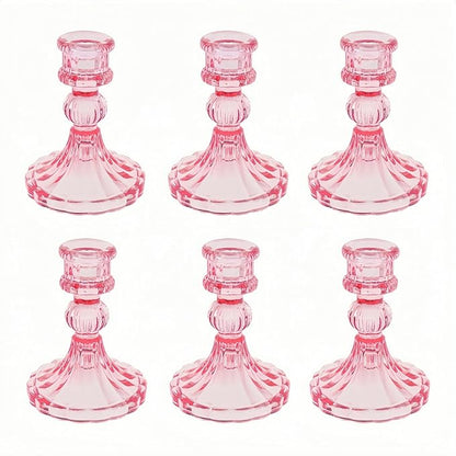 Glass Candlestick Holder,Striped Taper Candle Holders,Set of 6 Candle Stand for Table Centerpieces, Home Decor,Weddings,Festival and Parties (Peach Red Stripe Pattern)
