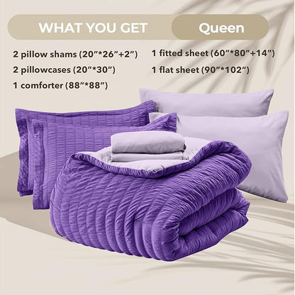 HYMOKEGE Dark Purple/Lavender Queen Comforter Set Seersucker 7 Pieces, All Season Luxury Bed in a Bag Queen for Bedroom, Bedding Set with Comforter, Sheets, Pillowcases & Shams