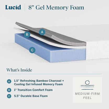 Lucid 8 Inch Memory Foam Mattress - Medium Firm Feel - Infused with Refreshing Bamboo Charcoal and Cooling Gel - Bed in a Box - Temperature Regulating - Pressure Relief - Breathable - Queen Size