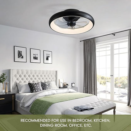 Modern Black 20" Flush Mount Ceiling Fan with Lights, 6 Wind Speeds, LED, Bedroom, Kitchen