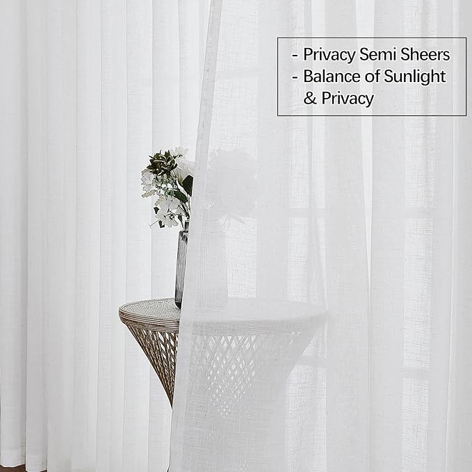 White Sheer Curtains 90 Inches Long, Cotton Linen Textured Light Filtering Drapes, Privacy Living Room Bedroom Window Decor, Rustic Semi-Transparent Pinch Pleat Curtain with Hooks
