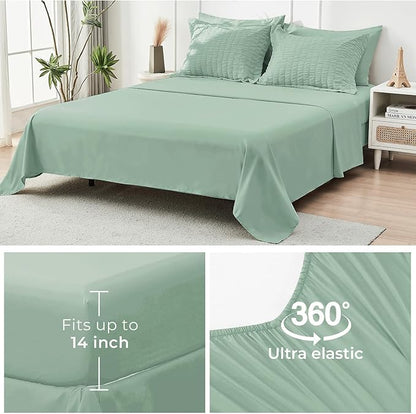 HYMOKEGE Sage Green Twin XL Comforter Set Seersucker 5 Pieces, All Season Luxury Bed in a Bag for Bedroom, Bedding Set with Comforter, Sheets, Pillowcase & Sham