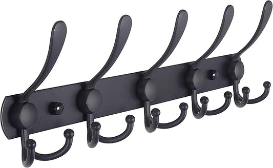 Dseap Coat Rack Wall Mounted - 5 Tri Hooks, Heavy Duty, Stainless Steel, Metal Coat Hook Rail for Coat Hat Towel Purse Robes Mudroom Bathroom Entryway,Black