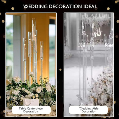 6pcs 5 Arm Candelabra,Acrylic Clear Floor Candelabra for Wedding Decor Tall Candle Holder for Table Centerpiece Ceremony Party Home Decoration, Fit 0.8 LED Candle