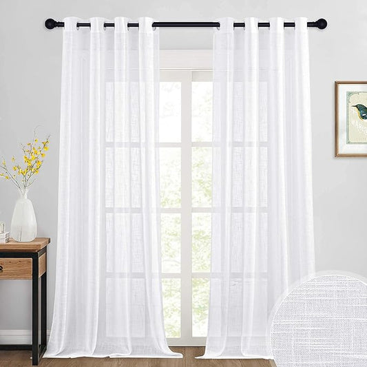 RYB HOME Sheer Curtains 108 inches - Linen Textured White Sheers for High Ceiling Window Decor, Patio Sliding Glass Door Sun Room Lawn Corridor Terrace Wedding, 52 x 108, 2 Pcs