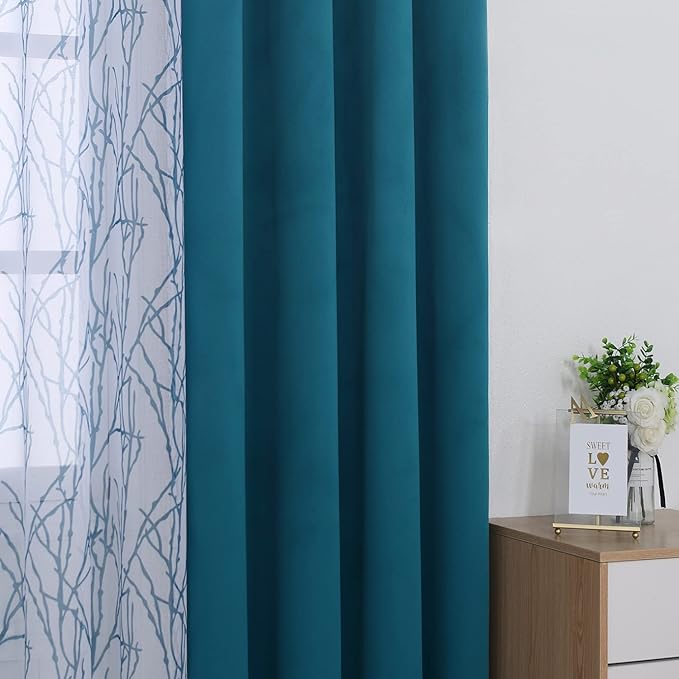 BONZER Mix and Match Curtains - 2 Pieces Branch Print Sheer Curtains and 2 Pieces Blackout Curtains for Bedroom Living Room Grommet Window Drapes, 37x84 Inch/Panel, Teal, Set of 4 Panels
