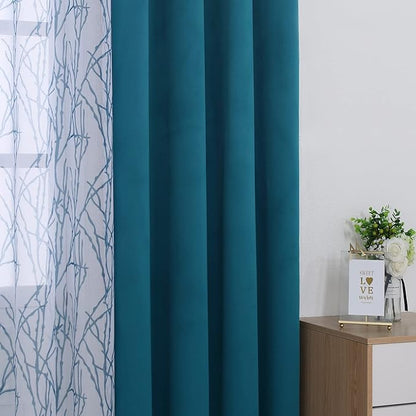 BONZER Mix and Match Curtains - 2 Pieces Branch Print Sheer Curtains and 2 Pieces Blackout Curtains for Bedroom Living Room Grommet Window Drapes, 54x84 Inch/Panel, Teal, Set of 4 Panels