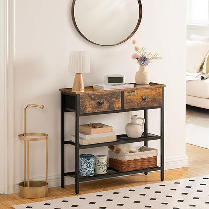 HOOBRO 29.5" Narrow Console Table with 2 Fabric Drawers, Sofa Table, Small Entryway Table with 3-Tier Storage Shelves, Behind Couch Table, for Living Room, Hallway, Rustic Brown and Black BF72XG01