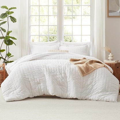 CozyLux Twin Comforter Set with Sheets 5 Pieces, White Seersucker Textured Bed in a Bag for Girls, Luxury Soft Bedding Set with Down Alternative Comforter, Sheets, Pillowcases & Shams for All Seasons