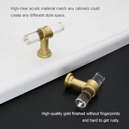 LONTAN 50 Pack Acrylic Kitchen Cabinet Knobs Gold Drawer Knobs Modern T Bar Clear Cabinet Door Handles White Kitchen Hardware for Dresser Bathroom,Zinc Alloy Base