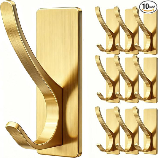 10 Pack Self Adhesive Coat Hooks for Hanging, Heavy Duty Stainless Double Wall Hook for Towel, Backpack, Hat, Sturdy Metal Hanger for Bathroom, Bedroom, Door, Wall Mounted, Brushed Gold