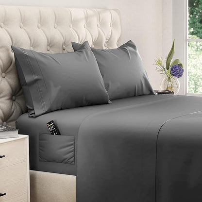 DREAMCARE California King Sheet Sets – 4 pcs Cooling Sheets – up to 21” Deep Cal King Sheets – Hotel Luxury Sheets & Pillowcases – Superior Softness 100% Fine Microfiber with Side Pocket – Dark Gray