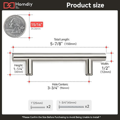 homdiy Brushed Nickel Cabinet Pulls Cabinet Handles,2 Pack 96mm 3-3/4 inch Hole Centers - HD201SN T Bar Handle Pull with Brushed Nickel Finish