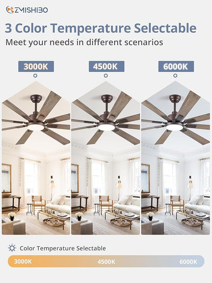 ZMISHIBO 72 inch Oil Rubbed Bronze Ceiling Fans with Lights and Remote, Indoor/Outdoor Farmhouse Ceiling Fan for Living Room Patio, 6 Speed Reversible Quiet DC Motor, 3CCT, Dual Finish Blades
